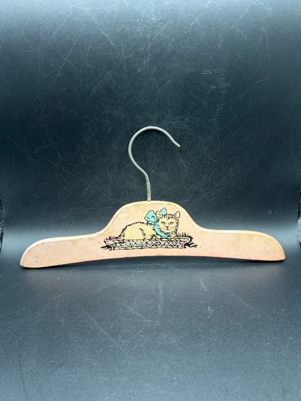 1930s Vintage Children's Wooden Clothing Hanger Pink Kitten Cat With Blue Bow